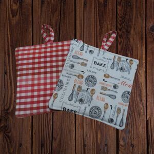 Handmade Potholder, Set of 2, Reversible Baking and Red Gingham Hot Pads
